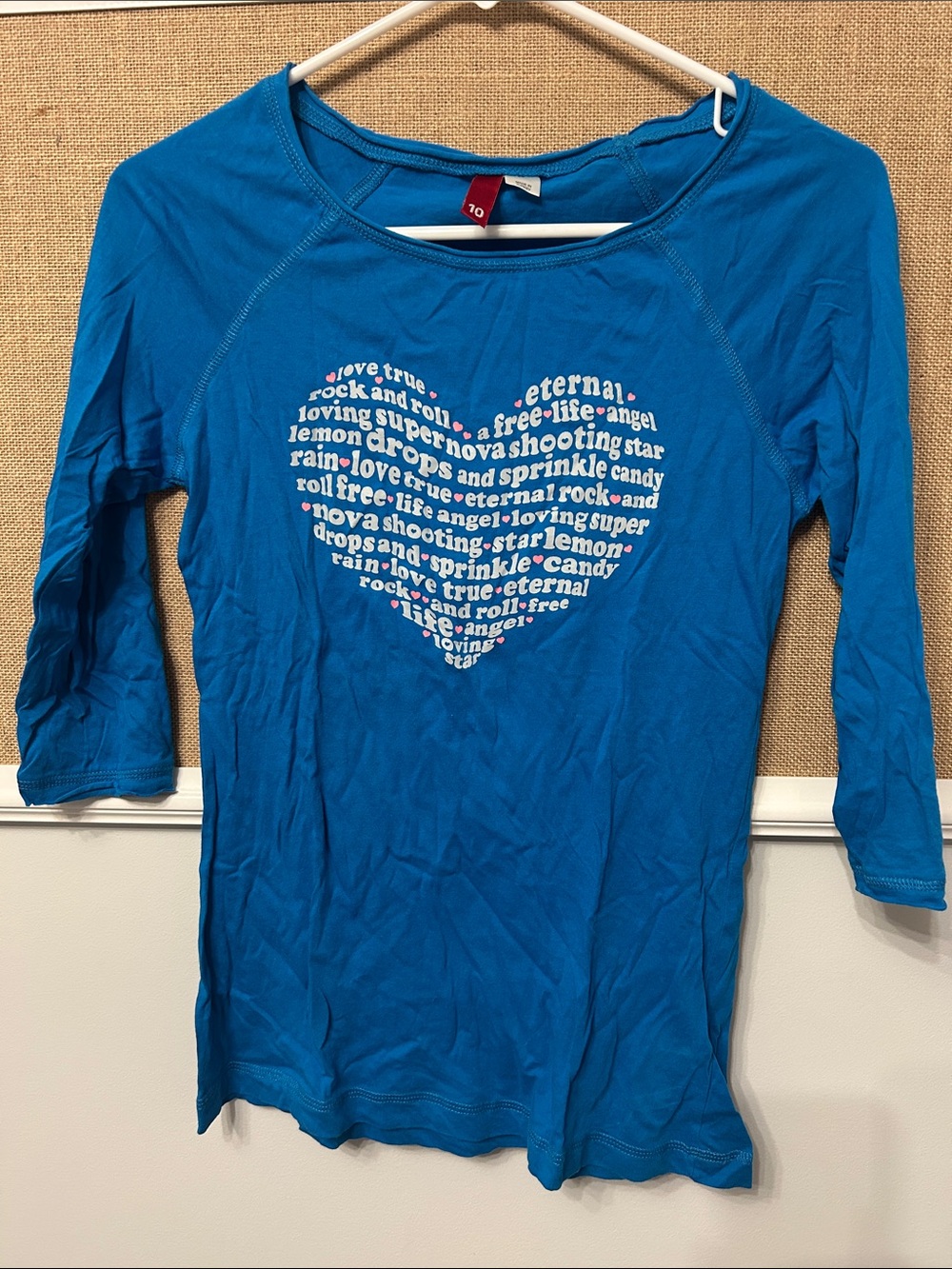 Divided Bright Blue Long-Sleeve Tee with White Heart Word Graphic